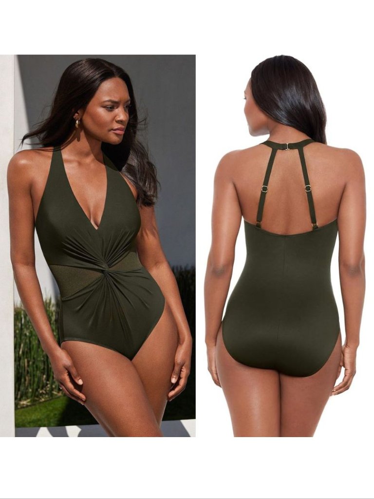 Miraclesuit Wrapture One Piece Swimsuit Size 6 Nori Green Mesh Insets V-Neck New